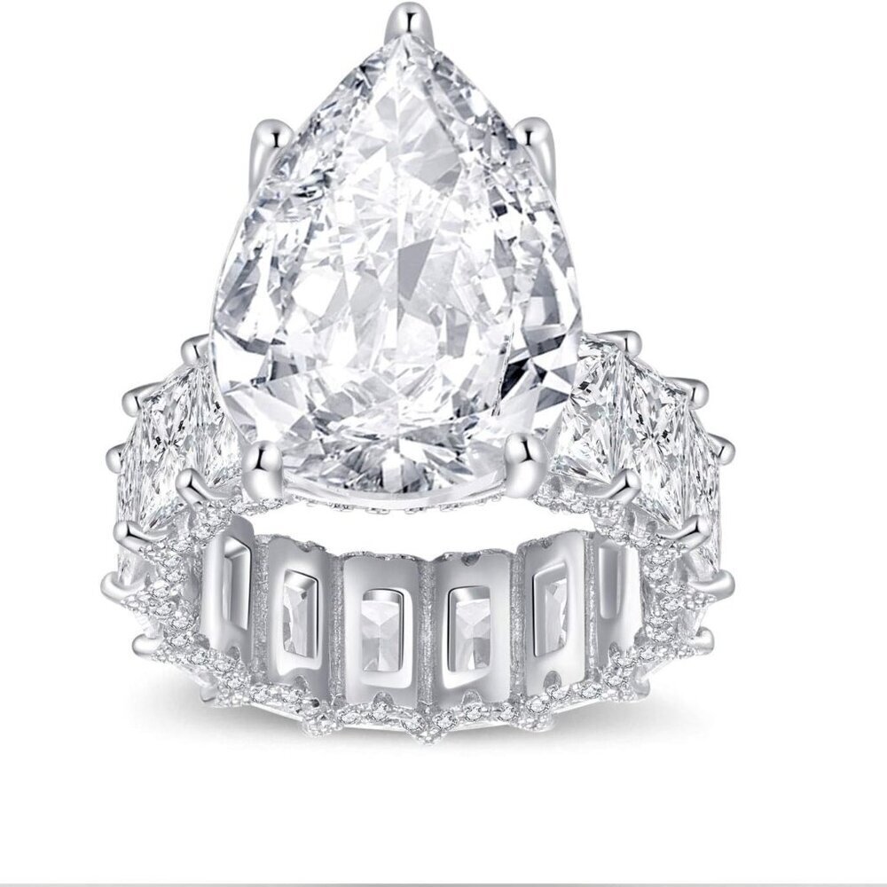Sterling Silver Halo Ring 925 CZ Pear-Shaped & Square Cut Wedding Engagement